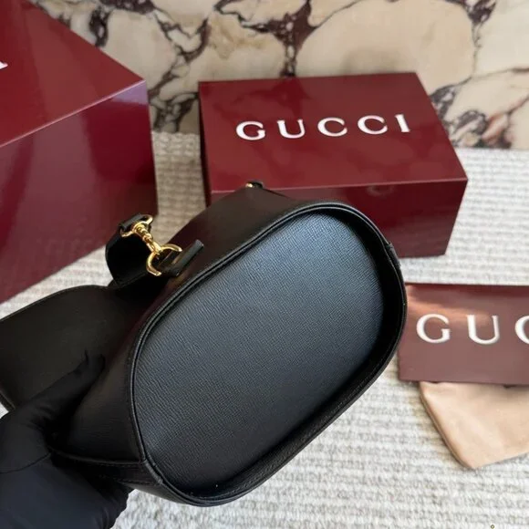 Gucci Black Leather Mini Bucket Bag Web Stripe Shoulder Strap + Box - Picture 6 of 8